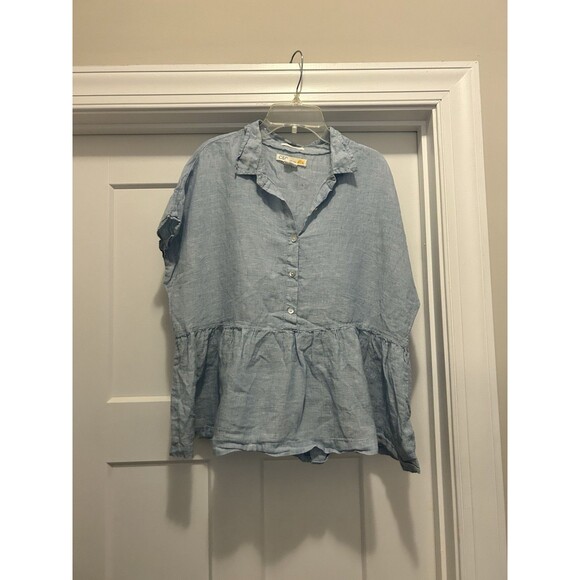Cynthia Rowley Blue Linen Top Sz Large Short Sleeve Ruffle Peplum Henley Collar - Picture 1 of 5